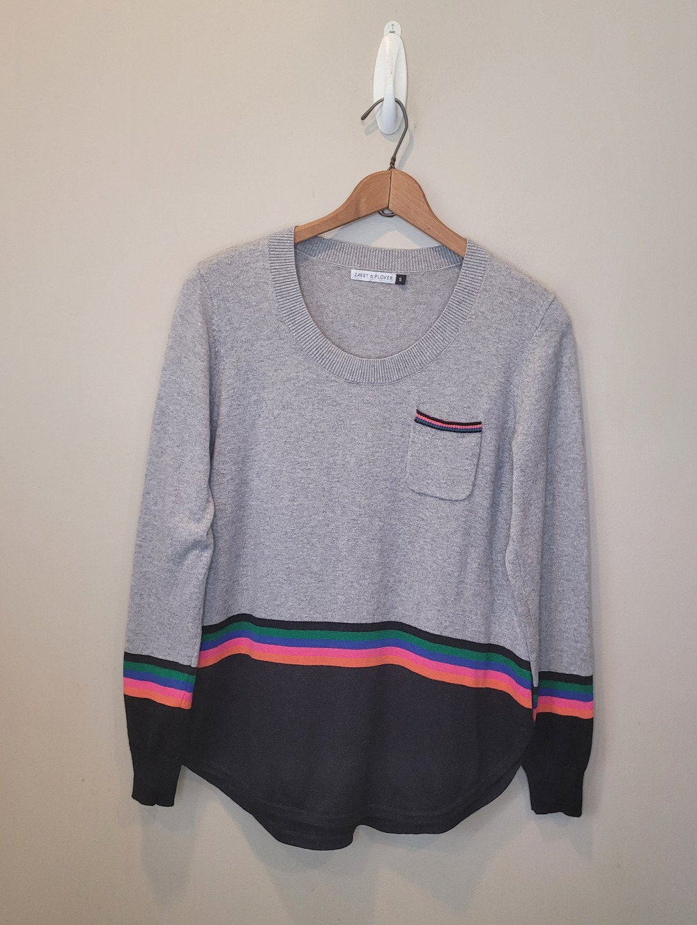 Zaket & Plover Cotton Cashmere Gray Colorblock Striped Sweater Small Preppy